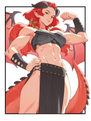 1girl abs armor bare_shoulders bikini_armor breasts brown_eyes copyright_request dnaitari highres horns long_hair muscular muscular_female navel red_hair simple_background smile solo white_background wings