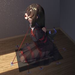 Rule 34 | 1girl, absurdres, arms behind back, ball gag, bdsm, black hair, black pantyhose, blazer, blindfold, blue eyes, blue hair, bondage, bound, breast bondage, breasts, clothes lift, collar, collared shirt, commentary request, drooling, egg vibrator, full body, gag, gag harness, gagged, highres, indoors, jacket, kneeling, long hair, original, pantyhose, pleated skirt, restrained, sex toy, shibari, shibari over clothes, shirt, skirt, small breasts, solo, usugumori, very long hair, vibrator, white shirt, wiffle gag, x-ray