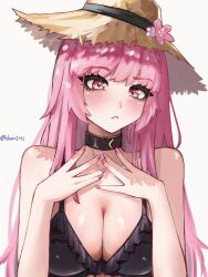 Rule 34 | 1girl, adammaarr, bikini, black bikini, black choker, blush, breasts, choker, cleavage, closed mouth, commentary, english commentary, fingernails, flower, hat, hat flower, highres, hololive, hololive english, large breasts, long hair, mori calliope, nail polish, pink eyes, pink flower, pink hair, pink nails, simple background, solo, sun hat, swimsuit, twitter username, virtual youtuber, white background, yellow hat