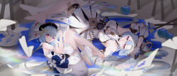 2girls absurdres ahoge armpits bare_legs bare_shoulders barefoot black_hat blue_apple blue_hair breasts cleavage_cutout clothing_cutout dress fetal_position flower griseo griseo_(cosmic_expression) griseo_(starry_impression) hair_between_eyes hair_flower hair_ornament hat highres honkai_(series) honkai_impact_3rd large_breasts light_blue_hair long_hair lying multiple_girls on_back on_side paint_on_body paint_on_clothes paint_palette purple_eyes siroka time_paradox white_dress