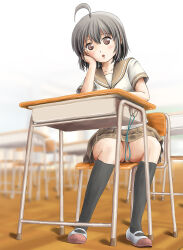 Rule 34 | 1girl, ahoge, black hair, black socks, blurry, blurry background, brown eyes, chair, classroom, convenient censoring, desk, elbow rest, exhibitionism, female focus, full body, gluteal fold, grey skirt, highres, indoors, looking at viewer, no panties, original, parted lips, pleated skirt, public indecency, sailor collar, school, school chair, school desk, school uniform, serafuku, shirt, shoes, short hair, short sleeves, sitting, skirt, socks, solo, takapi (chimee house), thighs, uwabaki, white shirt