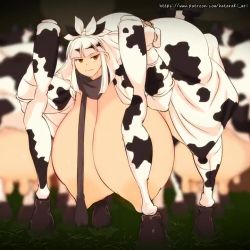 1girl animated ass bandana blush bow breasts breasts_out cleavage cow disguise gigantic_breasts hair_bow hanging_breasts hataraki_ari ninja large_areolae large_nipples ninja nipples original stilts tagme thick_thighs thighs unami_(hataraki) video what