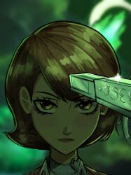 Rule 34 | 1girl, absurdres, blurry, blurry background, blush, brown eyes, brown hair, chaosoded, choker, close-up, closed mouth, commentary, english commentary, evoker, eyelashes, flipped hair, glint, green sky, heart, heart choker, highres, looking at viewer, persona, persona 3, pointing, pointing at self, portrait, s.e.e.s, short hair, sky, solo, straight-on, takeba yukari, upper body, white choker