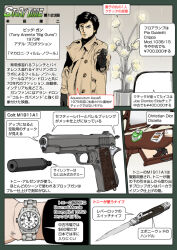 Rule 34 | 1boy, aiming, aiming at viewer, coat, colt&#039;s manufacturing company, english text, gun, handgun, japanese text, knife, looking at viewer, m1911, muta koji, pistol, story time (muta koji), suppressor, suppressor focus, suppressor name, suppressor profile, tony arzenta, tony arzenta (film), translation request, trench coat, watch, weapon, weapon focus, weapon name, weapon profile