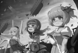 3girls akemi_homura arm_shield braid debris glasses golf_club greyscale holding holding_golf_club kaname_madoka long_hair looking_to_the_side mahou_shoujo_madoka_magica medium_hair monochrome multiple_girls ruins semi-rimless_eyewear short_twintails tan_liao tomoe_mami twin_braids twintails under-rim_eyewear