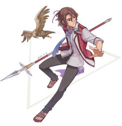 1boy 1other bird blue_eyes blue_necktie brown_hair dated eiyuu_densetsu feng_you floating_neckwear full_body gaius_worzel hair_between_eyes hawk holding holding_polearm holding_weapon jacket male_focus mullet necktie open_clothes open_jacket parted_bangs polearm sandals school_uniform sen_no_kiseki_(series) simple_background sleeves_rolled_up spear thors_military_academy_class_vii_uniform weapon white_background