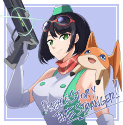 1girl announcement_celebration bare_shoulders black_hair blue_eyes border breasts copyright_name digimon digimon_(creature) digimon_story:_time_stranger dress elbow_gloves eyewear_on_head glasses glint gloves green_dress green_eyes green_hat gun hat head_wings highres hisuikouha holding holding_gun holding_weapon large_breasts patamon purple_background short_hair simple_background trigger_discipline upper_body weapon white_border white_dress white_gloves wings yuuki_kanan yuuki_kanan