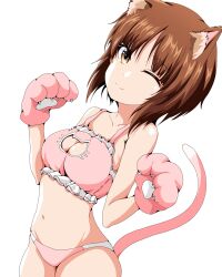 Rule 34 | 1girl, animal ears, bra, breasts, brown eyes, brown hair, cat cutout, cat day, cat ears, cat tail, cleavage, closed mouth, clothing cutout, death moa, girls und panzer, large breasts, looking at viewer, navel, nishizumi miho, one eye closed, panties, pink bra, pink panties, short hair, simple background, smile, solo, tail, underwear, white background, wink
