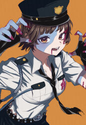 1girl belt belt_buckle black_belt black_gloves black_necktie black_skirt blood blood_on_clothes blood_on_face blood_on_hands blunt_bangs braid breasts brown_hair buckle cleavage collarbone collared_shirt commentary crown_braid fake_blood fingerless_gloves gloves halloween_costume hat highres looking_at_viewer medium_breasts necktie niijima_makoto open_mouth orange_background outstretched_arms patchwork_skin persona persona_5 police police_hat police_uniform policewoman red_eyes s-m-53413 shirt short_hair short_sleeves simple_background skirt solo spiked_belt standing torn_clothes torn_necktie torn_shirt upper_body white_shirt zombie zombie_pose