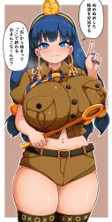 Rule 34 | breasts, brown shirt, brown shorts, earrings, facial mark, gold, gold buckle, gold hairband, gold headdress, gold headwear, hairband, holding, holding scepter, key earrings, large breasts, michigami nareko, peso (cheese company), scepter, shirt, shorts, sphere hair ornament, touhou, triangle, triangle facial mark, usekh collar