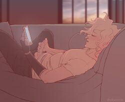 1boy black_pants couch danganronpa_(series) danganronpa_2:_goodbye_despair grey_hair holding holding_phone komaeda_nagito lying male_focus male_masturbation masturbation messy_hair no_jacket open_mouth pants penis phone shinycinccino shirt smile testicles window