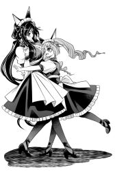 2girls akiha_rumiho alternate_costume animal_ear_headband animal_ears apron black_dress black_hair blush breasts cat_ears chaos;child collar crossover dress drill_hair eibon enmaided frilled_apron frilled_collar frilled_dress frilled_wristband frills high_heels highres hug in-franchise_crossover kunosato_mio long_hair maid maid_apron maid_headdress mary_janes mayqueen_maid_uniform medium_breasts multiple_girls one_eye_closed open_mouth pantyhose pink_hair puffy_short_sleeves puffy_sleeves ribbon shoes short_sleeves simple_background smile steins;gate surprised twin_drills twintails waist_apron white_apron wrist_cuffs