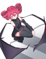 Rule 34 | 1girl, black shirt, black skirt, black sleeves, cigarette, closed mouth, detached sleeves, full body, highres, holding, holding cigarette, kasane teto, kasane teto (utau), looking at viewer, red hair, shadow, shirt, skirt, sleeveless, sleeveless shirt, smoke, smoke trail, solo, squatting, thinker25075754, utau, white background