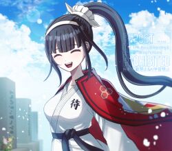 1girl belt black_belt black_hair blue_sky cloak closed_eyes cloud cloudy_sky collarbone eyelashes female_focus japanese_clothes jewelry long_hair magadori_kyoshika mikao_(eanv5385) necklace open_mouth pearl_necklace ponytail red_cloak sky solo solo_focus teeth the_hundred_line_-last_defense_academy- tongue upper_body upper_teeth_only