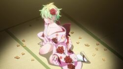 3girls animated anime_screenshot back bare_shoulders black_pants blonde_hair blush breasts cleavage clenched_teeth closed_eyes collarbone dougi flower gradient_hair green_hair hair_bun hair_flower hair_ornament highres japanese_clothes karate_gi kimono large_breasts mikadono_kazuki mikadono_miwa mikadono_niko mikadono_sanshimai_wa_angai_choroi multicolored_hair multiple_girls navel off-shoulder_kimono off_shoulder open_clothes open_kimono open_mouth orange_eyes orange_hair pants purple_hair sandals sash shirt short_hair siblings sisters sitting socks sound stomach sword tagme teeth tetth two-tone_hair unbuttoned unbuttoned_shirt video wariza weapon white_shirt white_socks yellow_eyes