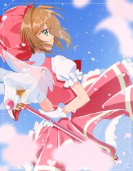 1girl arm_behind_back border bow bowtie brown_hair cardcaptor_sakura commentary dress dutch_angle falling_petals fuuin_no_tsue green_eyes hat highres holding holding_staff kinomoto_sakura kinomoto_sakura_(magician) looking_at_viewer looking_back magical_girl mob_cap petals pink_dress pink_hat puffy_short_sleeves puffy_sleeves red_bow red_bowtie short_hair short_sleeves solo staff wataamesaikoh wings