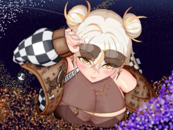 1girl absurdres blonde_hair blush breasts cleavage closed_mouth double_bun earrings eyewear_on_head from_above gksekswkd hair_bun highres indie_virtual_youtuber jewelry large_breasts magatama mole mole_under_eye multicolored_hair park_dona pink_pupils see-through_cleavage see-through_clothes sleeves_past_wrists smile solo streaked_hair sunglasses virtual_youtuber white_hair white_nails yellow_eyes