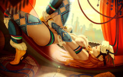 1futa aloy_(horizon) ankle_boots arched_back argyle_clothes argyle_cutout armlet black_panties blue_thighhighs boots breasts cable clothed_masturbation clothing_cutout commentary covered_eyes english_commentary fur_trim futanari hair_bobbles hair_ornament halterneck hand_in_panties head-mounted_display highres horizon_(video_game) horizon_zero_dawn jewelry large_breasts leg_up lips long_hair male_masturbation masturbation narrow_waist orange_hair panties parted_lips realistic solo teeth themaestronoob thick_thighs thighhighs thighs tribal underboob underwear upper_teeth_only upside-down vambraces virtual_reality