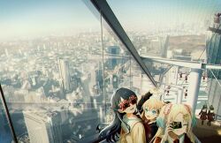 6+girls :d aqua_eyes arm_up black_hair black_jacket blonde_hair blue_hair blue_ribbon brown_cardigan brown_dress cardigan chromatic_aberration city clothes_writing dress fang film_grain flower game_cg gradient_hair hair_flower hair_intakes hair_ornament hair_ribbon hairpin half_updo hasu_no_sora_school_uniform high_up highres hinoshita_kaho jacket link!_like!_love_live! long_hair long_sleeves love_live! multicolored_hair multiple_girls murano_sayaka neckerchief non-web_source novelty_glasses official_art open_mouth orange_hair osawa_rurino parted_bangs pink_flower rabbit_hair_ornament real_world_location red-framed_eyewear red_neckerchief red_ribbon ribbon sailor_collar sailor_dress school_uniform shibuya_(tokyo) smile stairs sunglasses taking_picture teeth tokyo_(city) twintails two_side_up upper_teeth_only v v_over_head virtual_youtuber white_sailor_collar winter_uniform