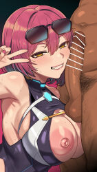 1boy 1girl absurdres armpits bar_censor black_leotard blush breasts censored commentary_request dark-skinned_male dark_skin eyewear_on_head grin hair_intakes hetero highres large_breasts leotard looking_at_viewer male_pubic_hair nipples nt00 original penis pubic_hair red_hair smile solo_focus sunglasses teeth testicles v variant_set yellow_eyes