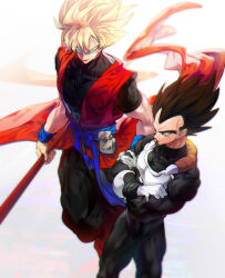 2boys black_hair blonde_hair blue_sash closed_mouth dougi dragon_ball dragon_ball_heroes gloves green_eyes highres male_focus monkey_boy multiple_boys muscular muscular_male ommmyoh pants pectorals saiyan saiyan_armor sash shirt simple_background smile son_goku son_goku_(xeno) spiked_hair super_saiyan super_saiyan_1 time_patrol_(dragon_ball) twitter_username vegeta vegeta_(xeno) wristband
