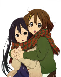 2girls anime_coloring black_hair bob_cut brown_hair cardigan double-parted_bangs green_cardigan hair_ornament hairclip hands_up happy highres hirasawa_yui hug hug_from_behind k-on! k-on!_movie long_hair looking_ahead looking_at_another multiple_girls nakano_azusa nonoue_midori official_art open_mouth own_hands_together plaid_clothes plaid_scarf scan scarf shared_clothes shared_scarf simple_background smile teeth textless_version third-party_source upper_body upper_teeth_only white_background yellow_cardigan