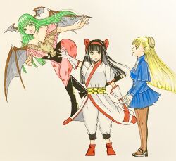 3girls black_eyes black_hair blonde_hair boots breasts capcom cleavage crossover darkstalkers fingerless_gloves gloves green_eyes green_hair high_heels highres ingrid_(capcom) large_breasts legs leotard long_hair looking_at_viewer morrigan_aensland multiple_girls nakoruru open_mouth pants pantyhose pink_lips red_eyes samurai_spirits skirt small_breasts smile snk the_king_of_fighters thighs tongue traditional_media weapon