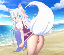 1girl ahoge animal_ears artist_request beach bent_over blue_eyes bottomless cheat_kusushi_no_slow_life cleft_of_venus cloud female_focus flower hair_between_eyes hair_flower hair_ornament highres loli long_hair looking_at_viewer looking_back naked_shirt noela_(cheat_kusushi_no_slow_life) noera outdoors porn pussy sand shirt smile solo tail very_long_hair water white_hair wolf_ears wolf_girl wolf_tail