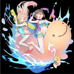 2girls :d :o bare_arms bare_legs bare_shoulders barefoot bikini black_background black_hair blue_bikini c: commentary_request jdge long_hair multicolored_hair multiple_girls navel onii-chan_wa_oshimai! open_mouth oyama_mahiro oyama_mihari pink_bikini pink_hair purple_hair riding seashell shell siblings sisters smile starfish swimsuit twintails two-tone_hair water water_gun wavy_mouth yellow_eyes