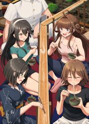 1boy 4girls admiral_(kancolle) ahoge alternate_costume black_hair brown_hair character_request check_character closed_eyes food glasses hairband haruna_(kancolle) hiei_(kancolle) highres holding ichikawa_feesu japanese_clothes kimono kirishima_(kancolle) kongou_(kancolle) long_hair multiple_girls shirt short_hair white_hairband