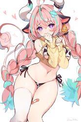 1girl ahoge animal_ears animal_print aqua_hair bandaid bandaid_on_leg bell bikini blush braid breasts commentary cow_ears cow_girl cow_horns cow_print cow_print_bikini detached_sleeves ear_bell genshin_impact hair_intakes heart heart-shaped_pupils highres horns large_breasts long_hair looking_at_viewer multicolored_hair pink_hair print_bikini purple_eyes side-tie_bikini_bottom simple_background single_thighhigh solo streaked_hair swimsuit symbol-only_commentary symbol-shaped_pupils tail thighhighs twin_braids twitter_username varesa_(genshin_impact) very_long_hair wai1010 white_background
