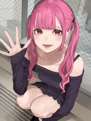 1girl absurdres black_skirt chain-link_fence collarbone commentary_request fang fence highres hinamizawa_hinami_(tetto) long_hair looking_at_viewer off-shoulder_sweater off_shoulder open_mouth original pink_eyes pink_hair pleated_skirt purple_sweater signature skirt sleeves_past_wrists solo squatting sweater tetto_(onnoveltet) twintails waving