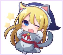 1girl animal_costume bell blonde_hair blue_eyes border cat_costume chibi full_body hat jingle_bell long_hair looking_at_viewer one_eye_closed paw_pose puyopuyo red_ribbon red_sash ribbon sash shiohachi solo very_long_hair white_background witch_(puyopuyo) wizard_hat