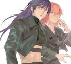 Rule 34 | 2girls, abs, alternate costume, bad id, bad twitter id, black jacket, black pants, black shirt, blunt bangs, closed mouth, collared jacket, contemporary, couple, crop top, cropped jacket, genshin impact, grey background, hair between eyes, highres, jacket, long hair, long sleeves, looking to the side, looking up, mole, mole under eye, multicolored eyes, multiple girls, navel, onevwin, open clothes, open jacket, pants, pink hair, purple eyes, purple hair, raiden shogun, shirt, simple background, standing, stomach, thick lips, upper body, walking, yae miko, yuri