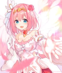 1girl :d ayataka bare_shoulders blouse blue_eyes blurry blurry_foreground blush bob_cut breasts clenched_hand flower flower_ornament hair_ornament hairband highres jewelry large_breasts looking_at_viewer open_mouth pink_hair princess_connect! reaching reaching_towards_viewer red_skirt shirt short_hair skirt smile solo tiara yui_(princess)_(princess_connect!) yui_(princess_connect!)