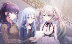 25-ji_miku 3girls asahina_mafuyu bag black_shirt blue_eyes blue_hair blue_jacket brown_sweater chest_harness collarbone collared_shirt colorful_palette green_eyes grey_hair hair_ribbon harness hatsune_miku heterochromia highres holding holding_paper jacket layered_shirt light_particles long_hair majiwaru_senritsu_tomoru_nukumori_(project_sekai) multiple_girls neck_ribbon official_art paper paper_bag parted_lips pink_eyes project_sekai purple_hair purple_shirt red_ribbon ribbon scrunchie shirt sidelocks smile sweater swept_bangs third-party_source truss upper_body very_long_hair vocaloid white_ribbon white_shirt yellow_scrunchie yoisaki_kanade