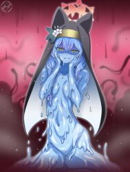 1girl absurdres animal_ears blue_archive blue_hair blue_skin breasts cat_ears censored collarbone colored_skin corruption evil_smile halo hands_on_own_face highres kuro-bee mari_(blue_archive) monster_girl monsterification navel nude nun pussy slime_girl small_breasts smile stomach transformation