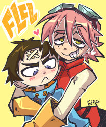 1boy 1girl blush brown_hair closed_mouth flcl gerph gloves haruhara_haruko heart looking_down nandaba_naota pink_hair simple_background smile teeth yellow_background yellow_gloves