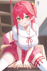 1girl bell blurry blurry_background blush breasts chair closed_mouth collarbone commentary desk english_commentary fingernails green_eyes hair_bell hair_between_eyes hair_ornament hair_ribbon hairclip highres hololive indoors jacket jingle_bell large_breasts long_hair looking_at_viewer mixed-language_commentary nail_polish neck_ribbon nyan_(reinyan_007) pink_hair pink_jacket pink_nails pink_ribbon pink_shirt plaid_clothes plaid_skirt ribbon sailor_collar sakura_miko sakura_miko_(school_uniform) school_chair school_desk school_uniform serafuku shirt short_sleeves sitting skirt smile solo thighhighs thighs tongue tongue_out unworn_jacket virtual_youtuber white_sailor_collar white_serafuku white_thighhighs