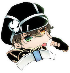 1boy akanbe arch_bishop_(ragnarok_online) black_gloves black_hat brown_hair commentary_request eyelid_pull fingerless_gloves gloves green_eyes hair_between_eyes hat hat_ornament heterochromia index_finger_raised looking_at_viewer male_focus matoyuuki newsboy_cap open_mouth portrait ragnarok_online short_hair simple_background skull_hat_ornament solo tongue tongue_out white_background yellow_eyes