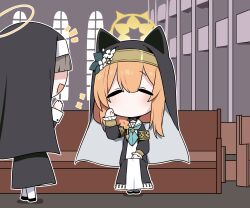 Rule 34 | 2girls, = =, absurdres, animal ear headwear, armband, b.t. (boob tong), bad link, bench, blue archive, blue neckerchief, cathedral, church, cloak, closed eyes, coif, dress, fake animal ears, flower, frilled sleeves, frills, grey hair, habit, hair flower, hair ornament, halo, hand on own thigh, hand up, highres, light blush, long hair, long sleeves, mari (blue archive), multiple girls, neckerchief, nun, on bench, orange hair, pew, sailor collar, sitting, sleeve cuffs, standing, waving, white dress, white flower, white sailor collar, window, wooden bench, yellow armband, yellow halo