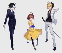 1girl 2boys ahoge alternate_costume arm_behind_head black_hair black_pantyhose black_suit blonde_hair blue_flower blue_rose bow brown_hair dress colored_bangs flower formal_clothes grin highres holding holding_flower holding_knife kido_hyde klllk knife linne_(under_night_in-birth) looking_at_viewer multicolored_hair multiple_boys necktie no_shoes one_eye_closed pantyhose parted_lips partially_unbuttoned petals rose rose_petals seth_(under_night_in-birth) sheath sheathed short_hair single_strap smile suit two-tone_hair under_night_in-birth white_hair white_suit wing_collar yellow_bow yellow_dress