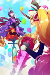 2girls animal balloon bare_shoulders black_gloves black_thighhighs blonde_hair blue_sky bow breasts chinese_clothes closed_eyes club club_(weapon) detached_sleeves dudou earrings echo_(circa) elbow_gloves eyeliner facial_mark fate/grand_order fate_(series) fingerless_gloves forehead forehead_jewel forehead_mark gloves gradient_hair hair_bow hair_pulled_back haku_(fate) horns ibaraki_douji_(fate) ibaraki_douji_(swimsuit_lancer)_(fate) ibaraki_douji_(swimsuit_lancer)_(third_ascension)_(fate) jewelry kanabou long_hair low_twintails makeup multicolored_hair multiple_girls one_eye_closed oni open_mouth outdoors pink_hair pointy_ears purple_eyes purple_hair short_hair short_twintails shuten_douji_(fate) shuten_douji_(fate/grand_order) shuten_douji_(halloween_caster)_(fate) sidelocks sitting skin-covered_horns sky small_breasts smile spiked_club stirrup_legwear tattoo thighhighs toeless_legwear tongue tongue_out twintails very_long_hair weapon