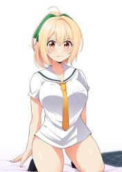1girl ahoge barkhorn0331 black_socks blonde_hair blush bow brown_eyes cinderella_series clenched_teeth green_bow hachigatsu_no_cinderella_nine hair_bow high_ponytail kneeling necktie no_dickey no_pants on_bed ponytail sailor_collar satogahama_school_uniform school_uniform serafuku shirt short_sleeves skirt socks solo summer_uniform sweat takanashi_yuzu teeth unworn_skirt white_background white_sailor_collar white_shirt yellow_necktie yellow_shirt
