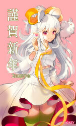 1girl animal_ears fake_animal_ears green_thighhighs hanbok happy_new_year highres honey_(ssutyx) korean_clothes long_hair looking_at_viewer mascot navel new_year original pink_background red_eyes ribbon smile thighhighs white_hair white_hanbok yellow_ribbon