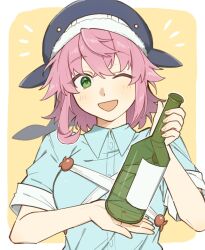 1girl blue_hat blue_shirt blush bottle breasts collared_shirt commentary green_eyes hat holding holding_bottle looking_at_viewer medium_hair okunoda_miyoi one_eye_closed open_mouth pink_hair sakic43899 shirt short_sleeves smile solo touhou whale_hat