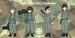 Rule 34 | 4girls, absurdres, advanced combat rifle (military program), advanced individual weapon system (military program), advanced infantry weapon system (military program), army, assault rifle, association for caseless rifle systems, black eyes, black hair, blonde hair, brown hair, bullpup, bundeswehr, carbine, caseless ammunition rifle system (military program), caseless firearm, german army, gesellschaft fur hulsenlose gewehrsysteme, green eyes, gun, h&amp;k acr, h&amp;k g11, h&amp;k g11k2, h&amp;k lmg11, h&amp;k nbw, hair over eyes, handgun, hat, heckler &amp; koch, high-capacity magazine, highres, holster, horizontal magazine, horizontal pupils, light machine gun, long hair, machine gun, military, military uniform, multiple girls, no pupils, original, pdw-caliber pistol, personal defense weapon, pistol, rifle, short hair, translation request, user dwmr8542, weapon, weapon focus
