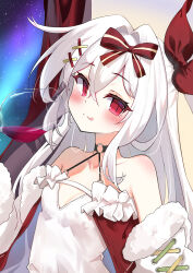 1girl absurdres alcohol azur_lane black_choker blush bow breasts choker closed_mouth cup drinking_glass hair_bow hair_ornament highres holding holding_cup long_hair looking_at_viewer nuporaimu o-ring o-ring_choker official_alternate_costume red_bow red_eyes small_breasts smile solo tongue tongue_out vampire_(azur_lane) vampire_(night_princess&#039;s_festive_feast)_(azur_lane) very_long_hair wine wine_glass x_hair_ornament