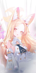 1girl absurdres animal_ear_fluff ascot bare_shoulders blonde_hair blue_archive blue_ascot blush detached_sleeves dress extra_ears flower forehead fox_girl fox_tail hair_flower hair_ornament hayate_(1034853996) highres long_hair looking_at_another open_mouth pink_eyes seia_(blue_archive) sidelocks solo tail white_dress white_flower