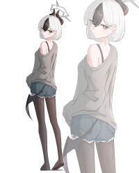 1girl absurdres black_hair black_horns black_pantyhose blue_archive blue_shorts blush bright_pupils closed_mouth commentary demon_horns demon_wings from_behind full_body grey_halo grey_sweater halo highres hit_by_hit horns kayoko_(blue_archive) long_sleeves looking_at_viewer multicolored_hair no_shoes off_shoulder pantyhose red_eyes shorts simple_background single_bare_shoulder single_wing solo standing sweater two-tone_hair white_background white_hair white_pupils wings zoom_layer